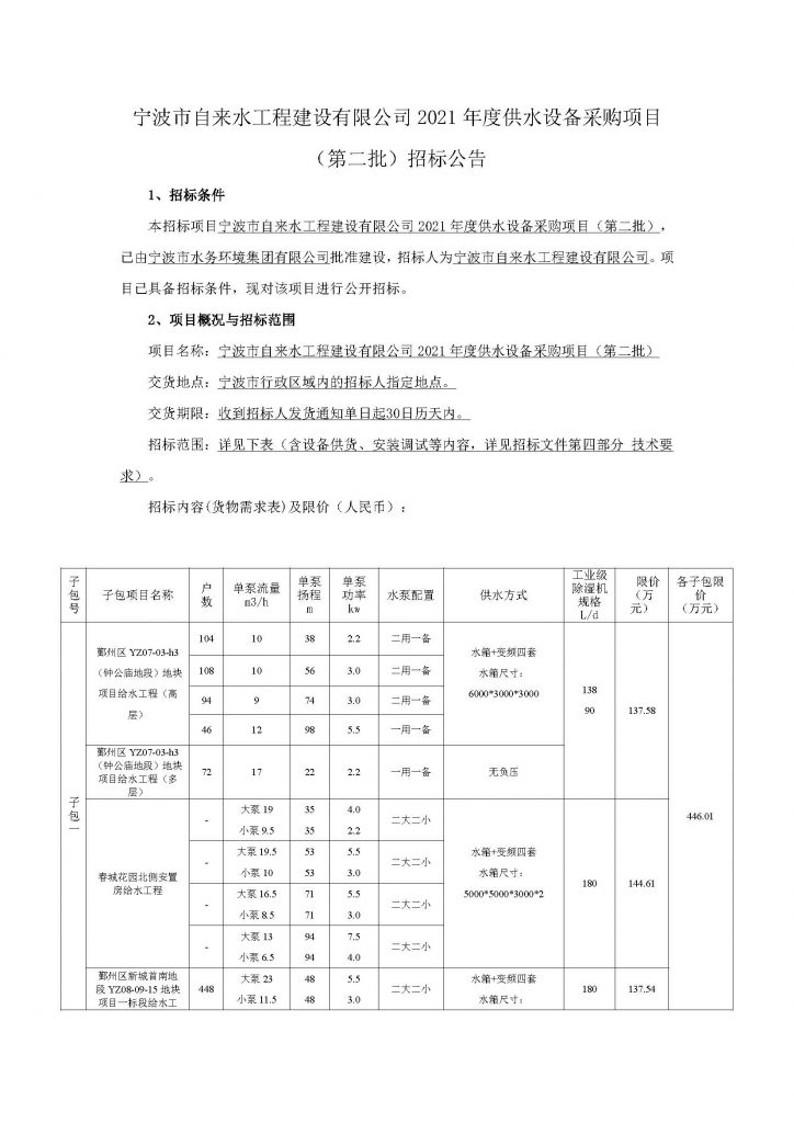 寧波市自來水工程建設(shè)有限公司2021年度供水設(shè)備采購(gòu)項(xiàng)目（第二批）招標(biāo)公告