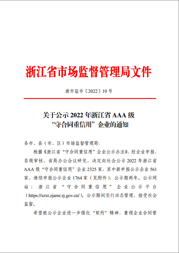 公司獲評(píng)2022年浙江省AAA級(jí)“守合同重信用”企業(yè)榮譽(yù)稱(chēng)號(hào)
