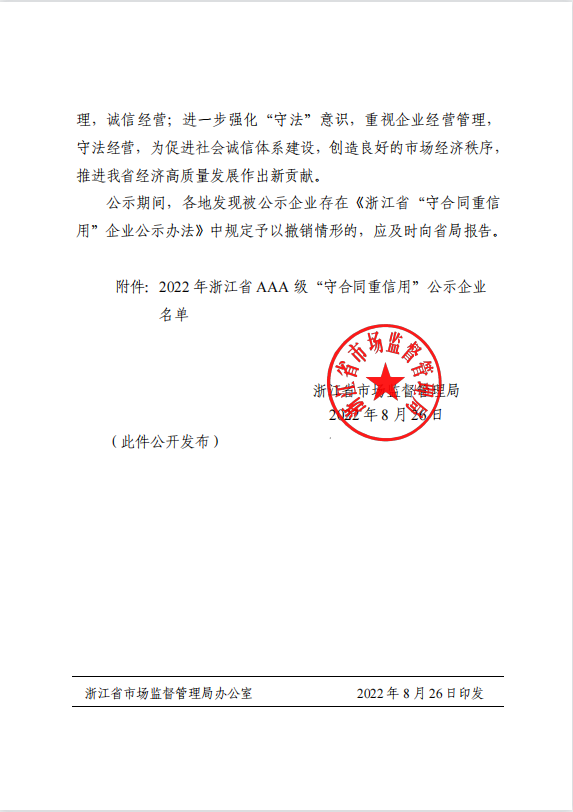 公司獲評(píng)2022年浙江省AAA級(jí)“守合同重信用”企業(yè)榮譽(yù)稱(chēng)號(hào)